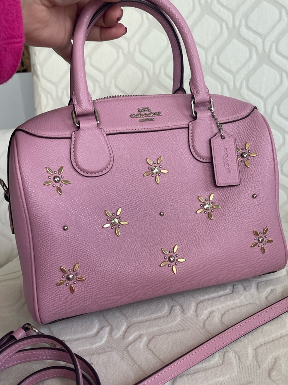 Coach Mini Benet Lilac Pink Tulip Floral crystal Stud Leather Satchel with Strap - Picture 10 of 10